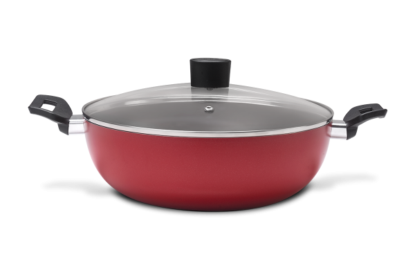 BRINOX WOK 28CM/4.10L M/DEKSEL+HANDVAT ROOD GARLIC LINE